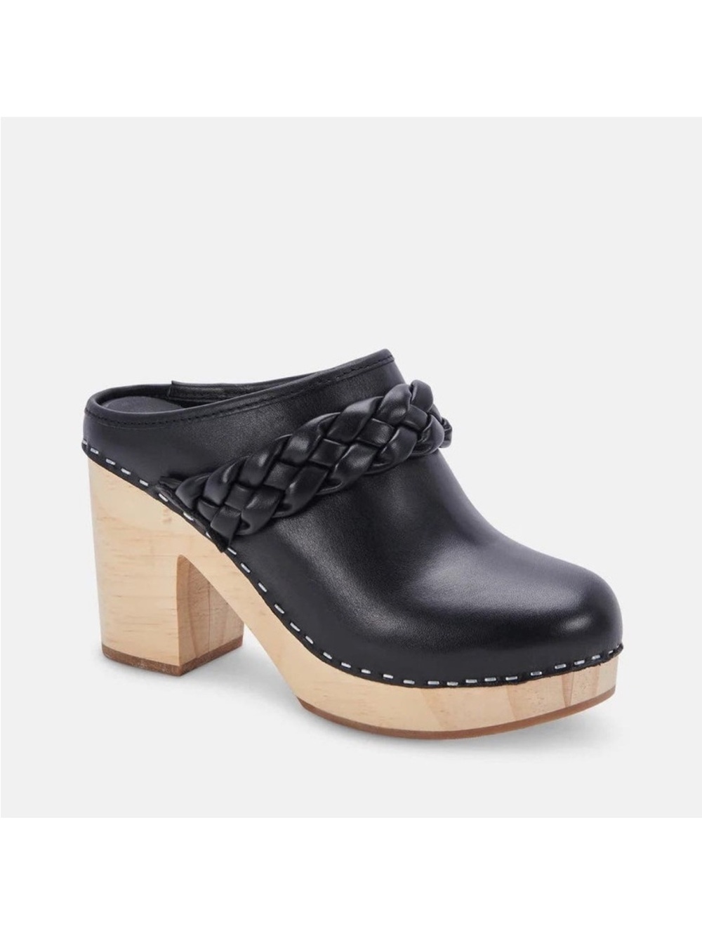 Dolce Vita Black Braided Leather Clog Mule with Natural Wood Heel